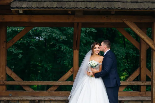喜爱的新婚夫妇站在木制凉亭和绿色森林的背景上 — 图库照片