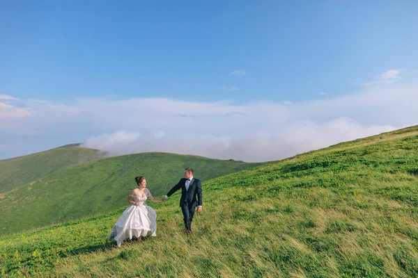 Krásný Svatební Pár Horách Nevěsta Stylový Ženich Kráčejí Zeleném Poli — Stock fotografie