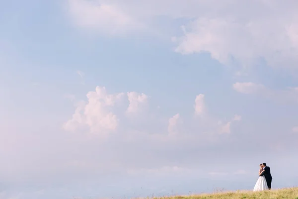 Stílusos Boldog Friss Házaspár Sétál Mezőn Szertartás Után Háttérben Felhők — Stock Fotó