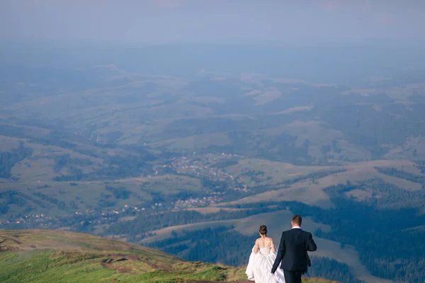 新娘和新郎沿着小路在田里散步 在山上举行婚礼的日子 背景色 — 图库照片