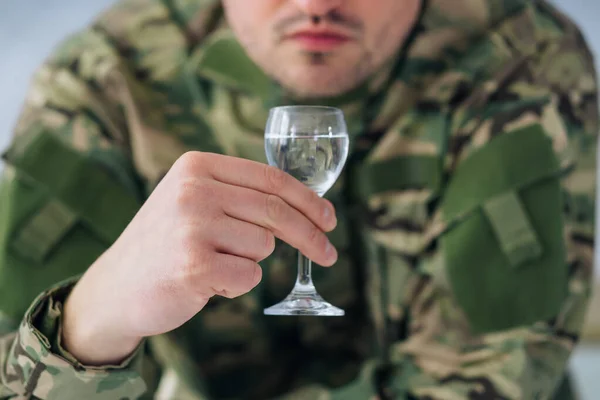 Hands Young Soldier Camouflage Uniforms Sitting Home Bottle Vodka Alcoholic — Stock Photo, Image