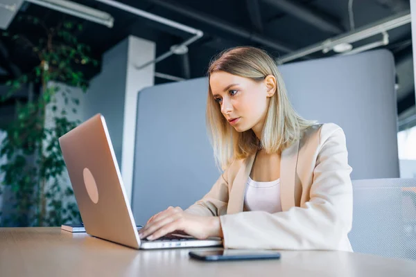 Successful Female Graphic Designer Looks Textbook Creative Ideas Laptop While — Fotografia de Stock