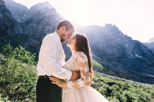 Güzel Bir Düğün Çifti Öpüşüyor Mükemmel Bir Manzarayla Dağın Yakınında — Stok fotoğraf