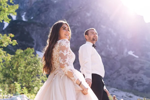 Γαμήλιο Ζευγάρι Στα Βουνά Γαμπρός Κρατά Νύφη Από Χέρι Και — Φωτογραφία Αρχείου