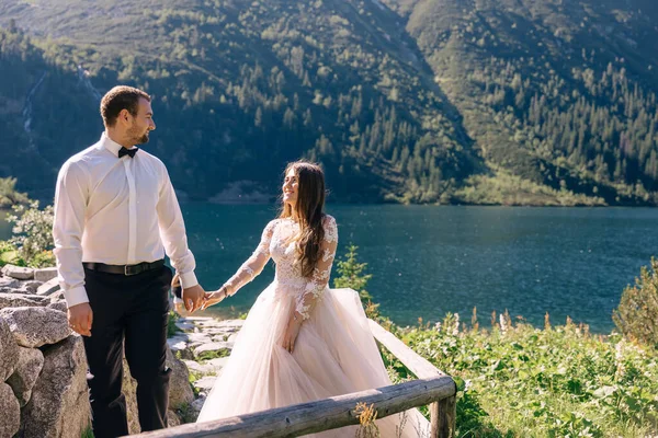 Bride Groom Lake Mountains Couple Together Background Mountain Landscape Walking — Stock Photo, Image