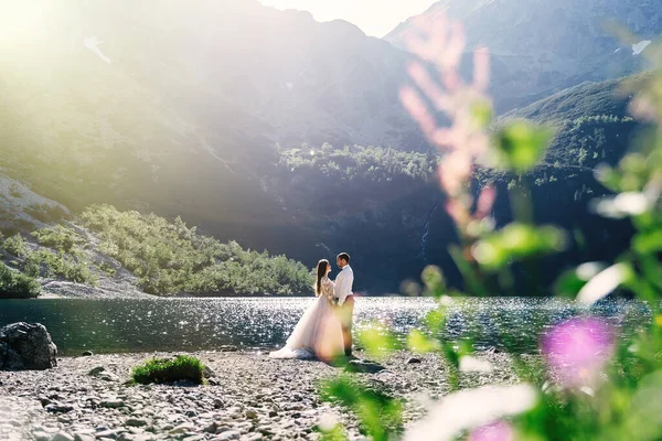 Romantic Scene Photo Session Newlyweds Shore Mountain Lake Beautiful Landscape — Stockfoto