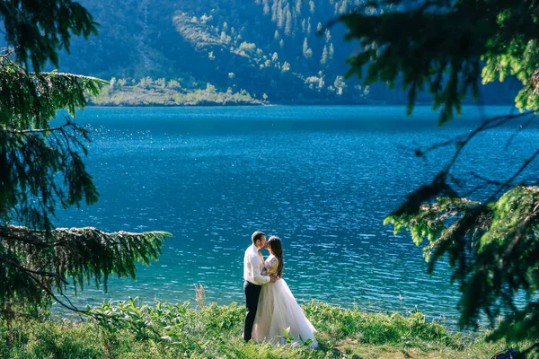 Bride Groom Embrace Mountain Panoramic View Beautiful Nature Lake Opens — Stockfoto
