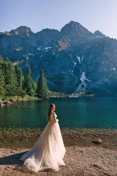 Nevěsta Stojí Zády Břehu Jezera Pozadí Hor Svatební Koncepce Obdivuje — Stock fotografie