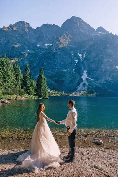 Mariée Tient Avec Son Dos Sur Rivage Bord Lac Sur — Photo