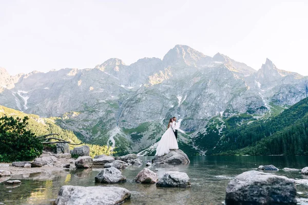 Die Braut Weißen Brautkleid Umarmt Den Bräutigam Anzug Von Hinten — Stockfoto
