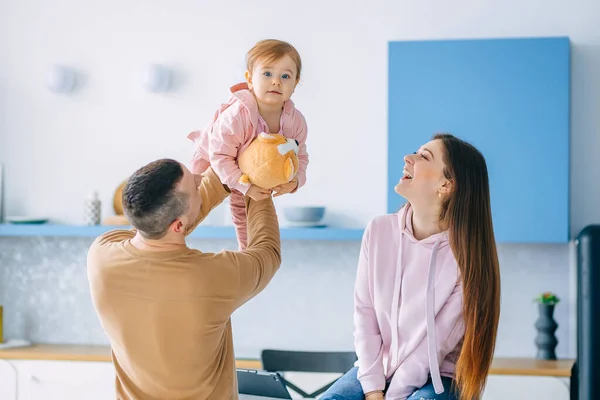 Stylish Happy Family Having Fun Home Kitchen Parents Play Baby — Stock Photo, Image