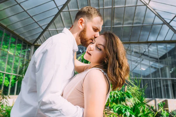 新婚夫妇站在一个绿色的植物园里 一个男人亲吻新娘 — 图库照片