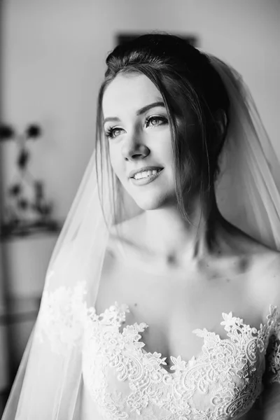 Bride Chic Wedding Dress Looks Romantically Aside Smiles Black White — Zdjęcie stockowe