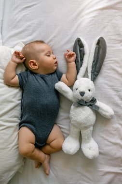 Beyaz battaniyesinde pelüş tavşan oyuncağıyla uyuyan tatlı çocuk.