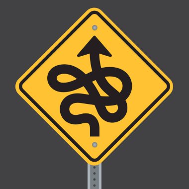 Yol tabelasının önündeki çılgın kıvrımlı virajlı yol. Virajlı kıvrımlı yolu gösteren yol uyarı levhasının vektör çizimi..
