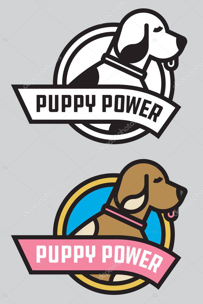 Puppy Power vector badge or logo.Cute vector illustration of stylized, bold outline dog with banner proclaiming Puppy Power. Includes color and black and white versions.