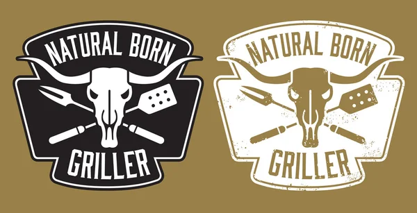 Natural Born Griller barbecue vector image with cow skull and crossed utensils. — Stock Vector