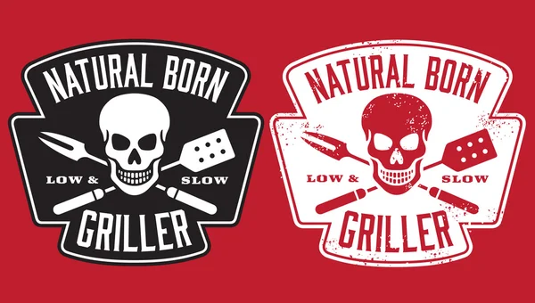 Natural Born Griller barbecue vector image with skull and crossed utensils. — Stock Vector