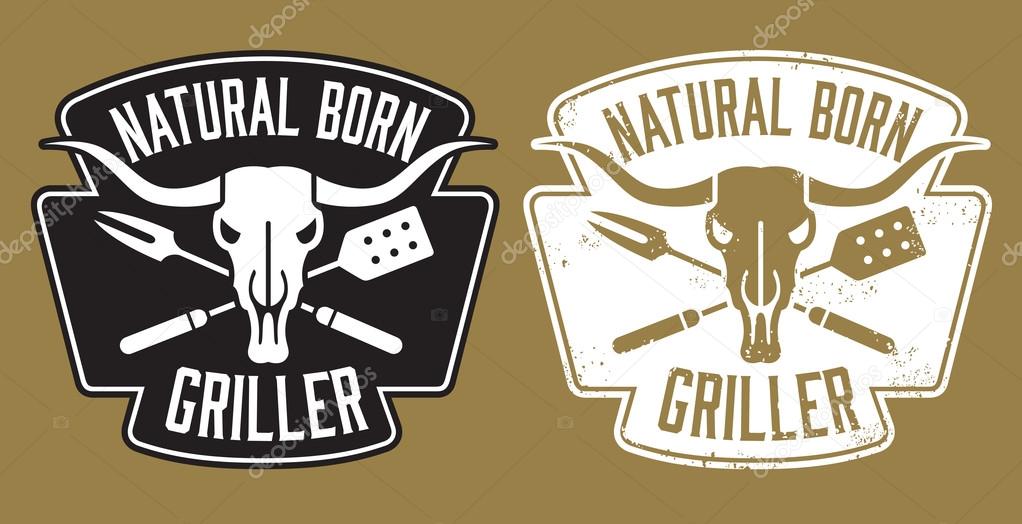 Natural Born Griller barbecue vector image with cow skull and crossed utensils.