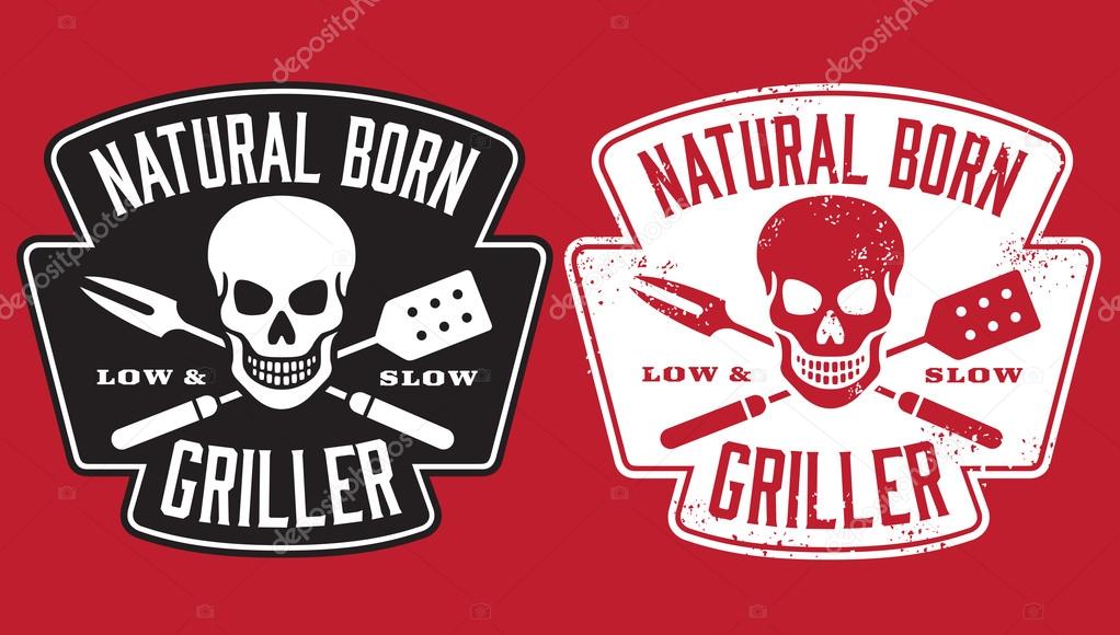 Natural Born Griller barbecue vector image with skull and crossed utensils.