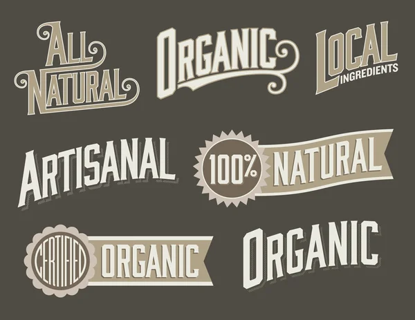 Set of 6 Organic, Natural Food Labels with vintage look — Stock Vector