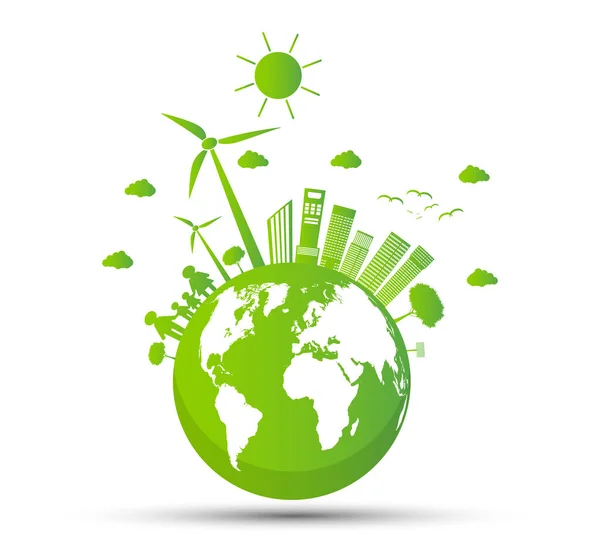 Экология Экологическая Концепция Символ Земли Зелеными Листьями Вокруг Городов Помогают — стоковый вектор