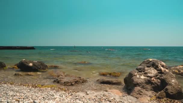 Diverse persone che nuotano nel mare con una riva rocciosa — Video Stock