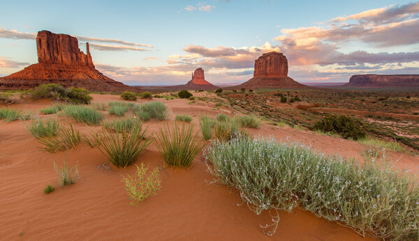 Monument Valley, Arizona, scenery, profiled on sunset sky