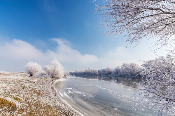 Зимний пейзаж, с замерзшей рекой и деревьями — стоковое фото