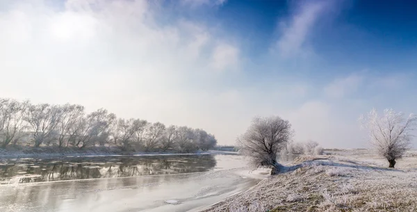 Winter landschap, met bevroren rivier en bomen — Stockfoto
