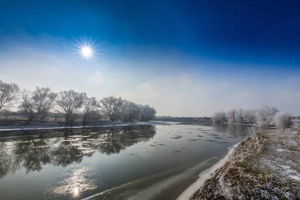 Paisagem de inverno brilhante, com rio congelado e árvores — Fotografia de Stock