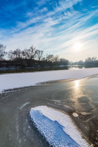 Árboles cubiertos de escarcha y río congelado en invierno, al amanecer — Foto de Stock