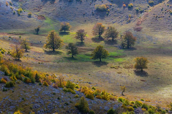 Keskin Kireç Taşı Yürüyüş Yolu Ekim Günbatımı Gökyüzü Ile Dağların — Stok fotoğraf