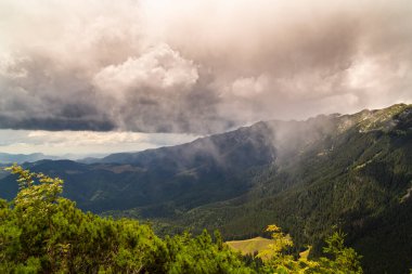Transilvanya Alpleri 'nde Temmuz ve Ağustos aylarında muhteşem görüntüler ve dramatik fırtına bulutlarıyla yaz manzarası.