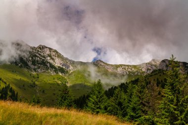 Transilvanya Alpleri 'nde Temmuz ve Ağustos aylarında muhteşem görüntüler ve dramatik fırtına bulutlarıyla yaz manzarası.
