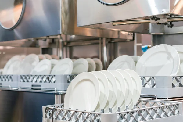 Many Dish White Plate Arranged Basket Cleaning Automatic Dishwasher Machine — Stock Photo, Image