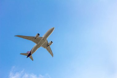 Ticari yolcu veya kargo taşımacılığı için mavi gökyüzü arka planında fotokopi alanı ile uçan uçak görüntüsü altında
