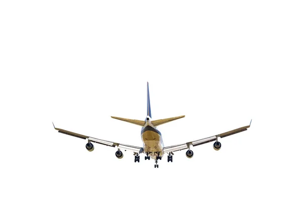 商业客运或货物运输用飞机的后视镜 并将着陆轮铺到机场 在白色背景下与截断路径隔离 — 图库照片
