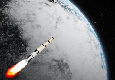 3D resim çizimi siyah beyaz çoklu uzay roketi modeli galaksideki en yüksek hızda keşif gezegenine uçar.