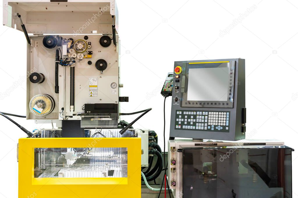 high technology and precision cnc edm electric wire cut machine with cmm probe dimension inspection and product during process forming in manufacturing isolated on white background with clipping path
