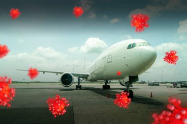 konsept kırmızı model covid-19 veya Coronavirus virüsü solunum salgını vakası veya havaalanındaki arka plan ve akciğerlere zarar verme