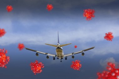 konsept kırmızı model covid-19 veya Coronavirus virüsü solunum salgını vakası veya mavi gökyüzünde uçan akciğer ve arka plan uçak hasarı