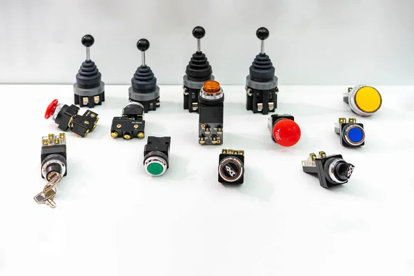 Various Push button and key switch on off and mono level switch with signal lamp indicator or pilot lamp for electric control system in production line or machine in manufacturing process industrial