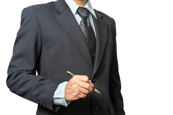 Portret Biznesmena Noszącego Czarny Garnitur Trzymającego Długopis Pisania Lub Rysowania — Zdjęcie stockowe