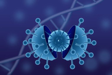 3D illüstrasyon covid-19 model konsept mutant veya koronavirüs virüsü yeni solunum salgını vakası veya koyu mavi tondaki akciğerlere zarar verme