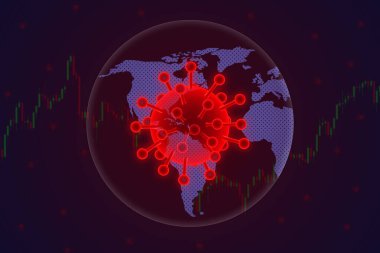 3D illüstrasyon şeffaf covid-19 virüs modeli veya solunum salgını vakası veya dünya haritası arka planı ve şamdan stok grafiği üzerindeki akciğerlere zarar verme