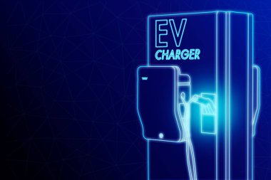 Görüntü taslağı, koyu mavi arka plan üzerinde izole edilmiş Ev arabası için elektrik kablosu prizi ile elektrik yükü (Ev) istasyonunun açık mavi ana hatlı şekli