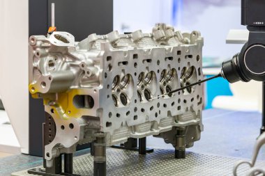 Kalite kontrol üretim sürecinde otomotiv endüstriyel bölümü denetimi sırasında otomatik koordinat ölçüm makinesi (CMM)