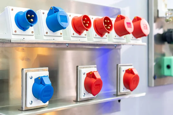 Various Colorful Red Blue Electric Machine Power Plug Connector Electrical — Stock Photo, Image