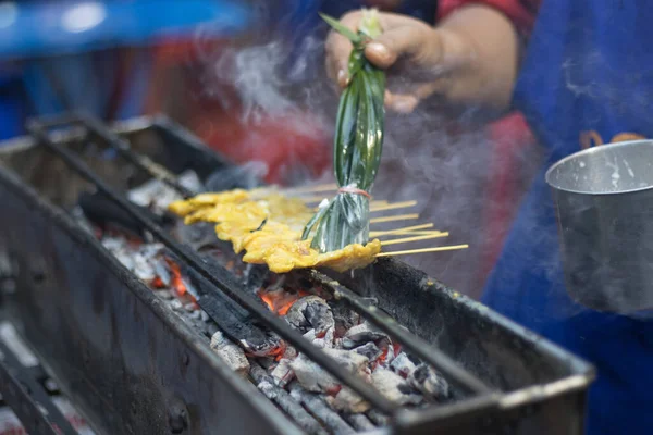 Varkensvlees Saté Gebraden Kachel Warmte Thai Straat Voedsel Bangkok Thailand — Stockfoto